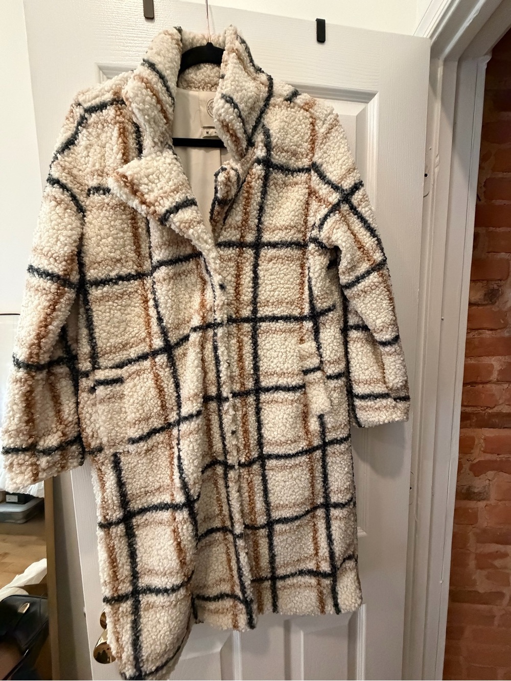 Stoosh Cream Plaid Teddy Coat with Black & Tan Grid